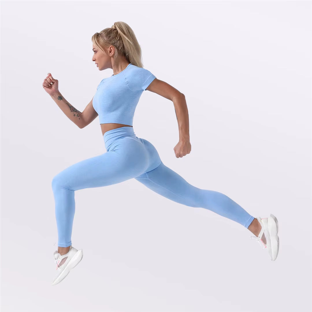 Sportswear Top 2Pcs Yoga Set Women Yoga Suit Short Sleeve High Waist Leggings Gym Quick Dry Yoga Wear Energy Fitness Suit A012