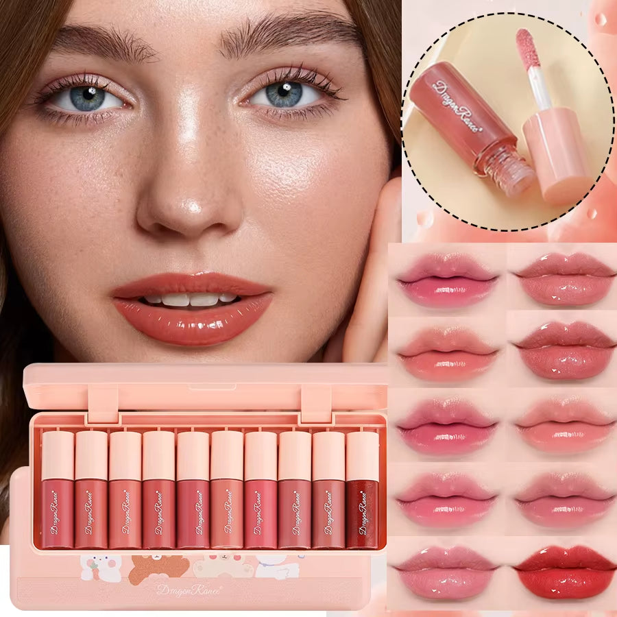 Set of 10 Shimmering Lip Glosses, Easy-To-Apply Lip Glaze, Non-Stick, Non-Fading, Moisturizing, Shiny Lip Gloss, Glass Lip Gloss with Fine Shimmer and Pearlescent Effect