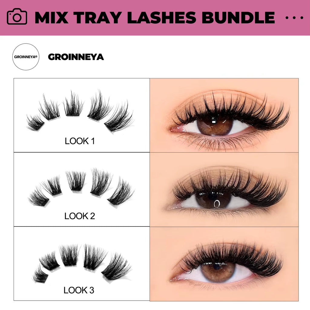 GROINNEYA DIY Lashes Extension Kit Individual Lashes Clusters Faux Mink Eyelash Extension Mix Set with Lash Natural Look Makeup