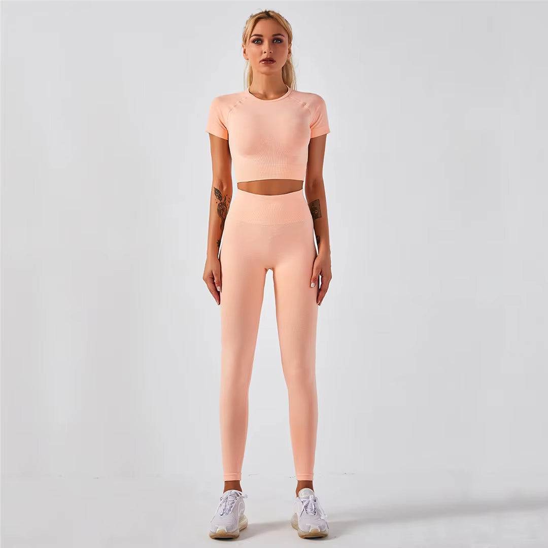 Sportswear Top 2Pcs Yoga Set Women Yoga Suit Short Sleeve High Waist Leggings Gym Quick Dry Yoga Wear Energy Fitness Suit A012