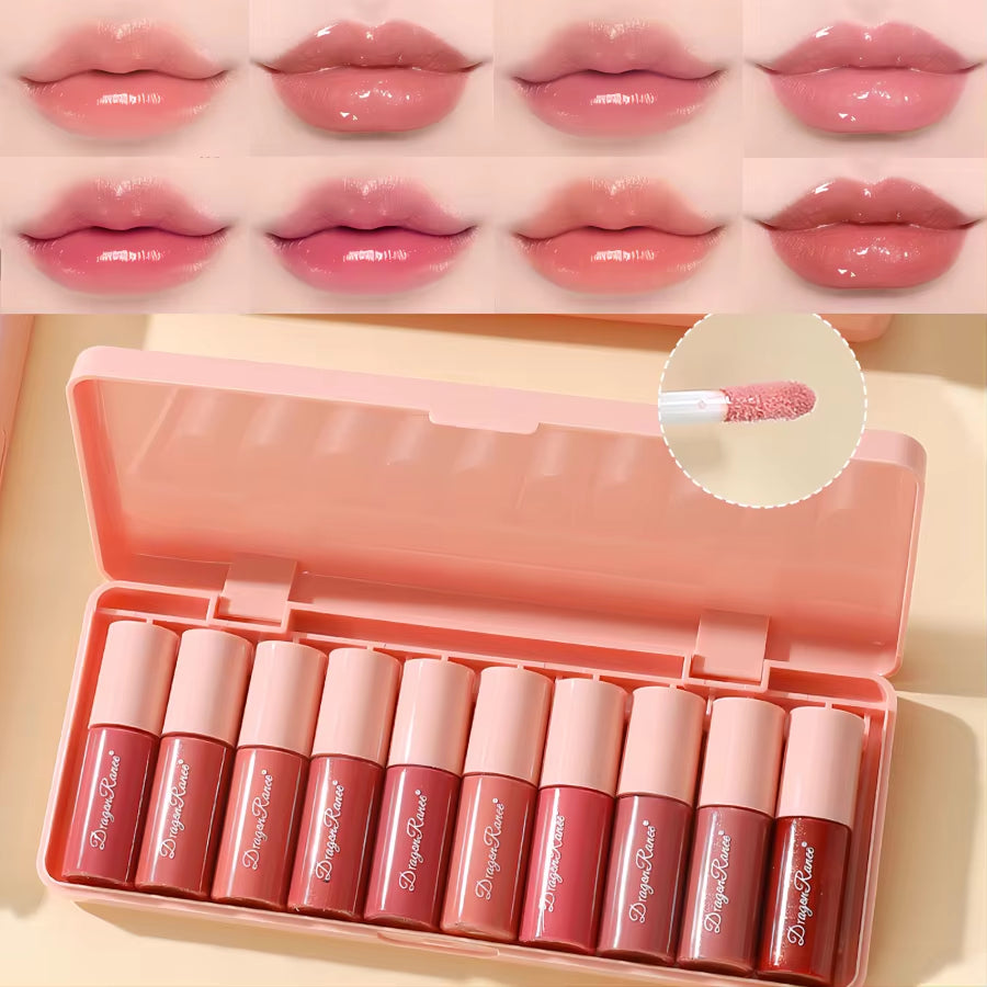 Set of 10 Shimmering Lip Glosses, Easy-To-Apply Lip Glaze, Non-Stick, Non-Fading, Moisturizing, Shiny Lip Gloss, Glass Lip Gloss with Fine Shimmer and Pearlescent Effect
