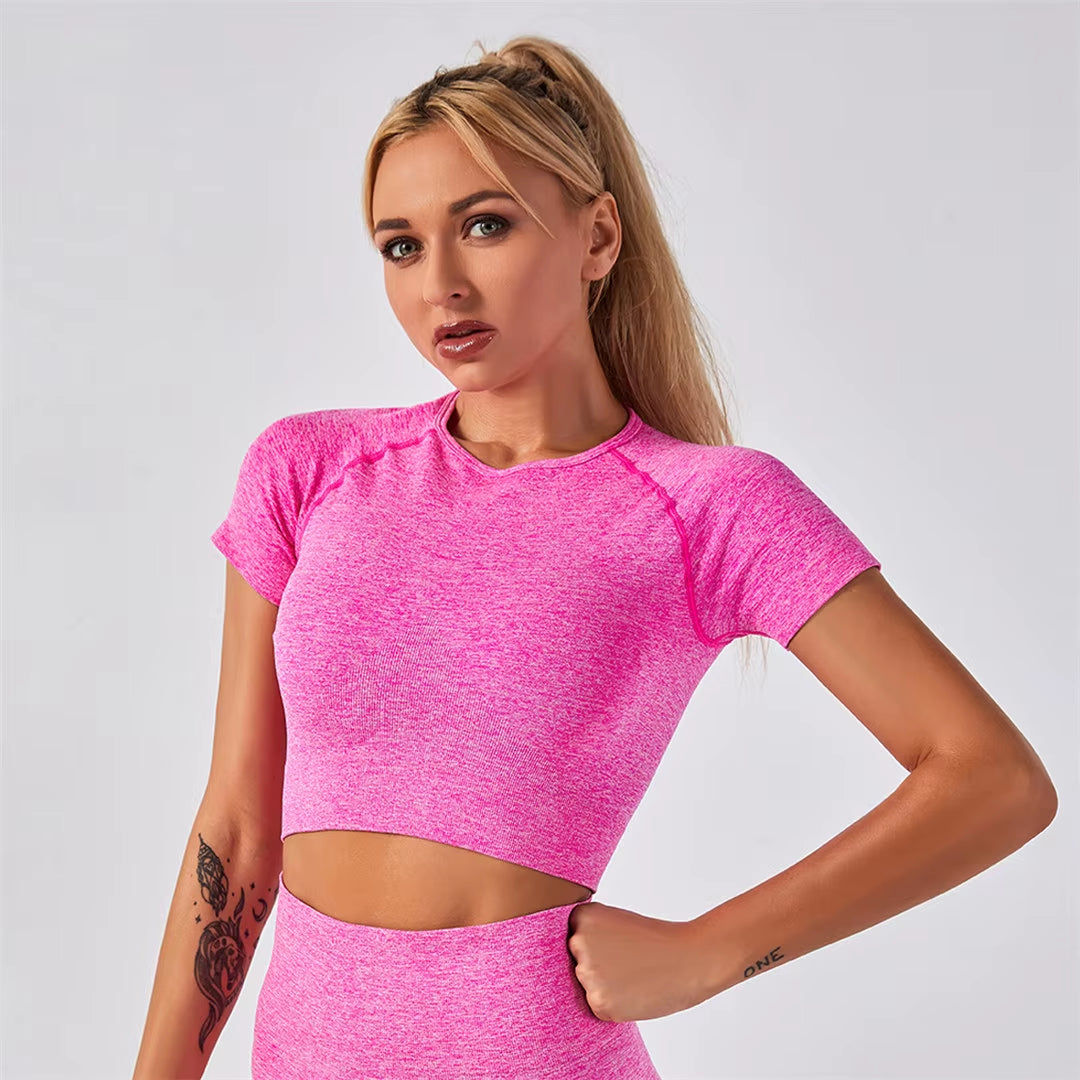 Sportswear Top 2Pcs Yoga Set Women Yoga Suit Short Sleeve High Waist Leggings Gym Quick Dry Yoga Wear Energy Fitness Suit A012